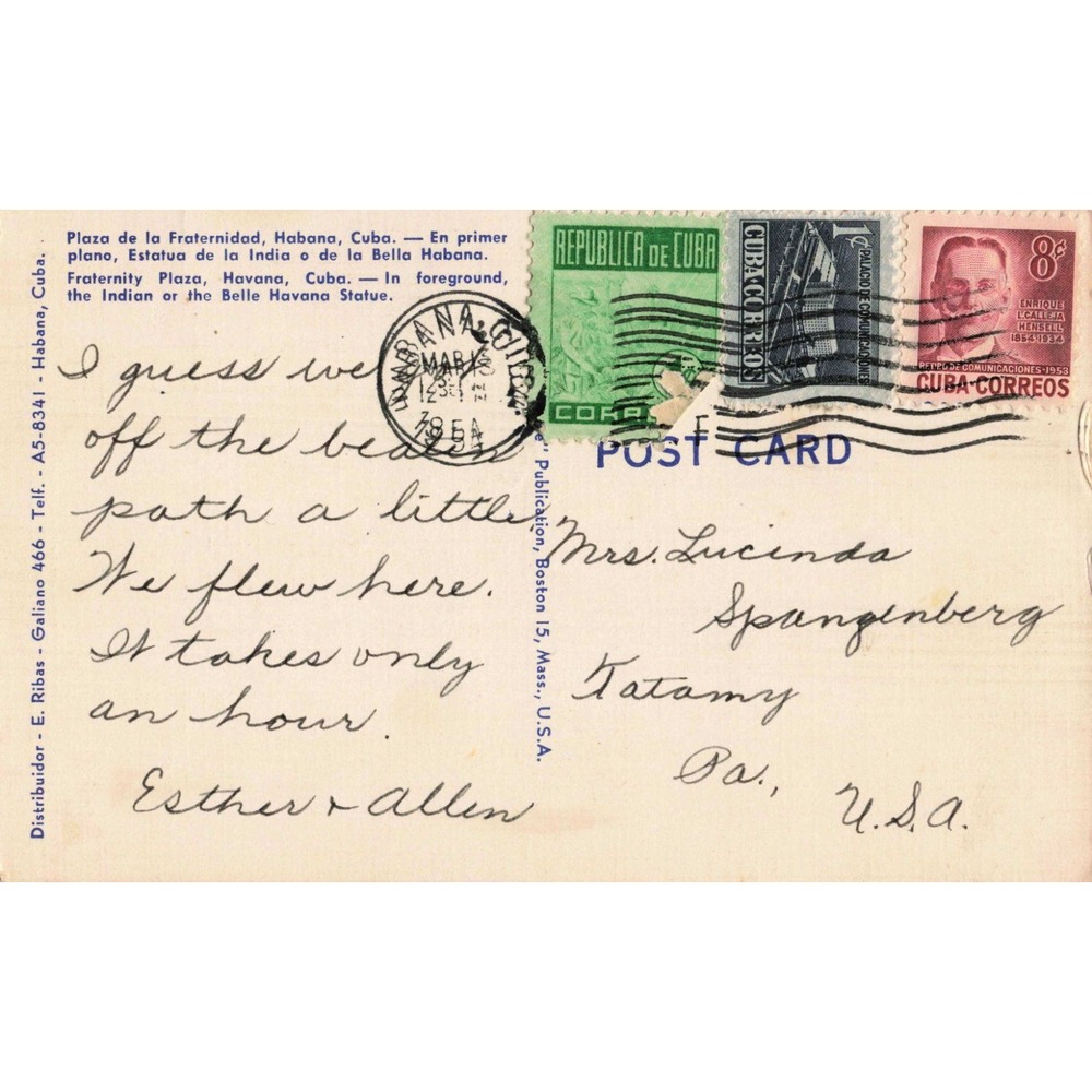 Vintage Plaza de la Fraternidad Havana Cuba Linen Postcard 1954 Postmark Stamps - Picture 2 of 2